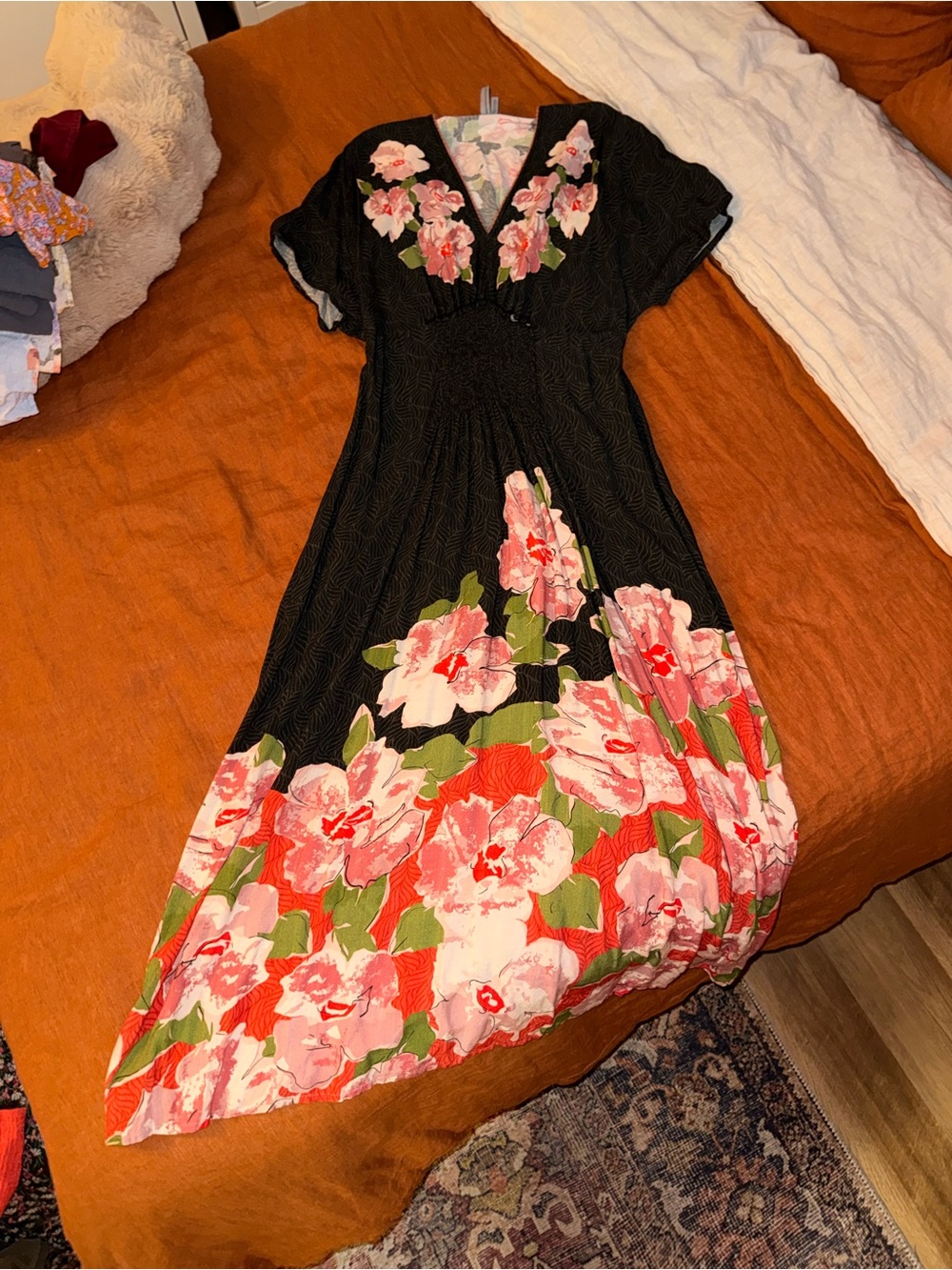 Black Maxi Dress with Pink Floral Accents